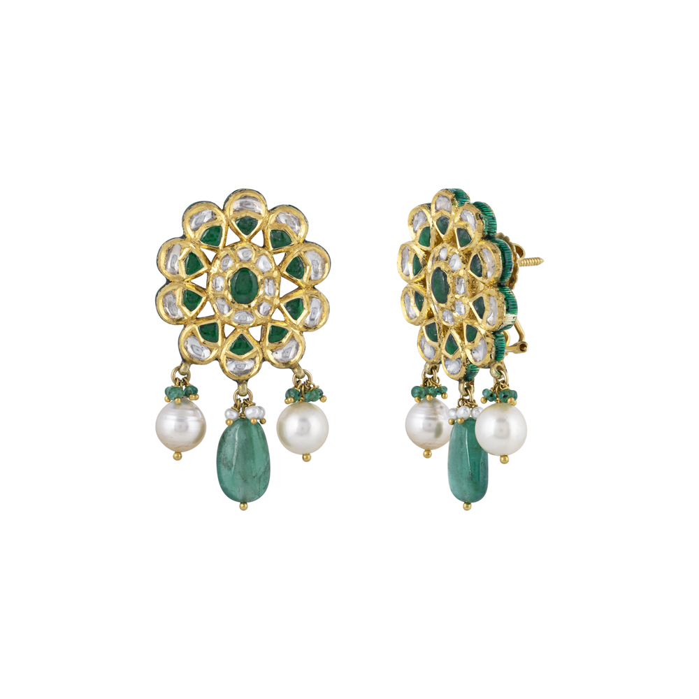 Floral Polki Earrings with Emerald Talaf & Pearl Drops